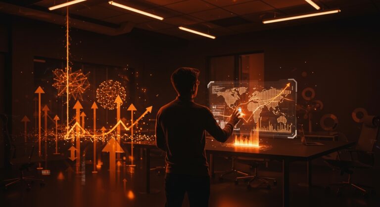 Fundador de startup chilena usando inteligencia artificial para crecimiento y ronda ángel en Latinoamérica con estética Ecosistema Startup.