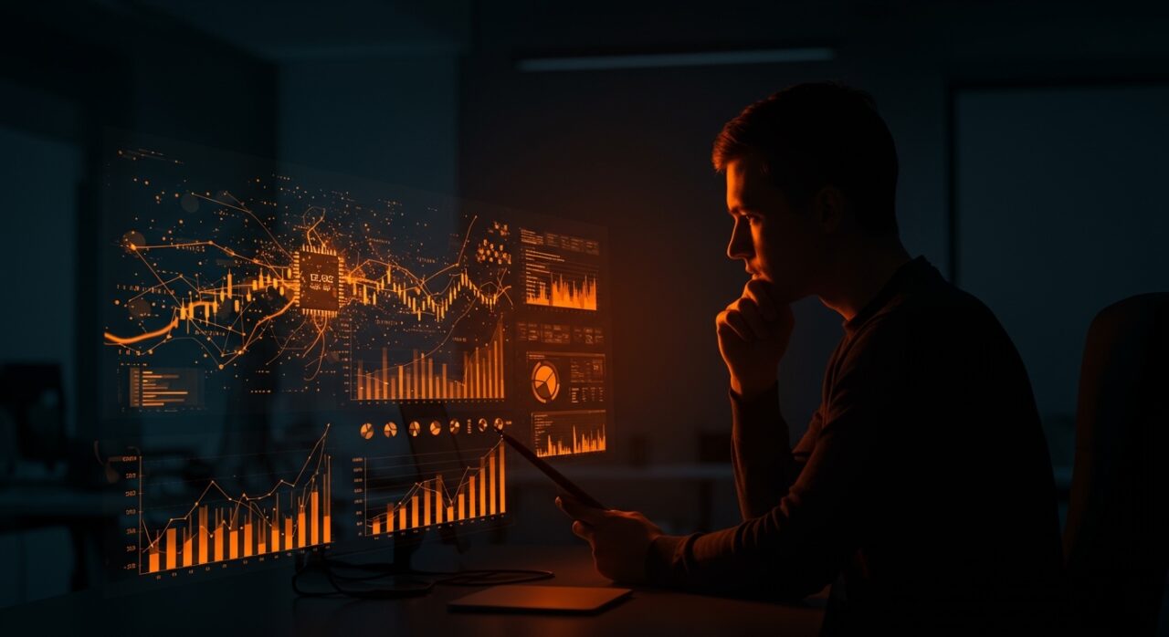 Análisis crítico de la rentabilidad real y economía de la IA generativa con visualizaciones de redes neuronales y gráficos económicos en tonos naranja y negro.