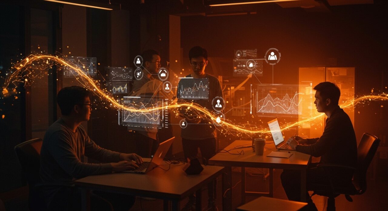 Ecosistema de innovación startup en Da Nang con emprendedores colaborando y elementos visuales de formación e incubación de startups.