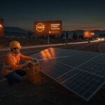 Fundador de Edify instalando paneles solares con publicidad disruptiva en autopistas chilenas, destacando innovación y competencia en energía solar.