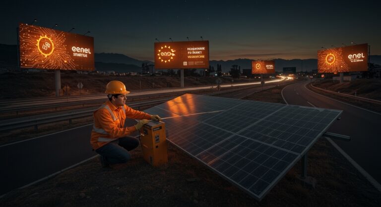 Fundador de Edify instalando paneles solares con publicidad disruptiva en autopistas chilenas, destacando innovación y competencia en energía solar.