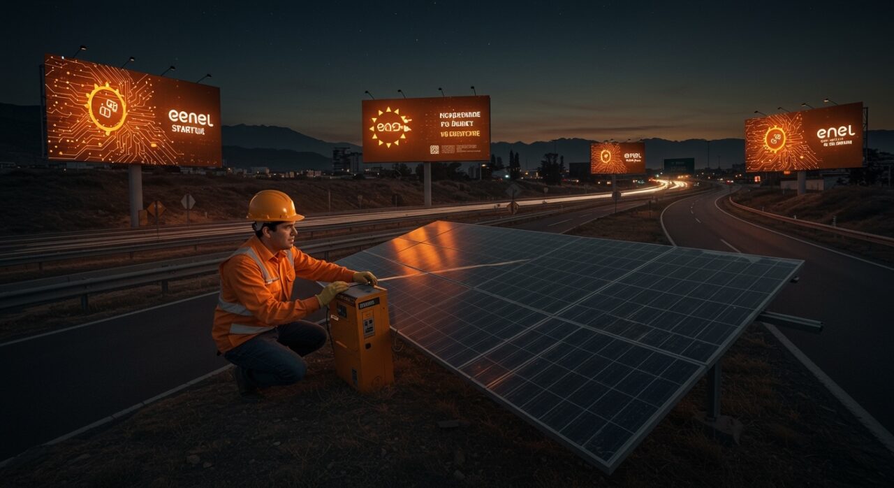 Fundador de Edify instalando paneles solares con publicidad disruptiva en autopistas chilenas, destacando innovación y competencia en energía solar.