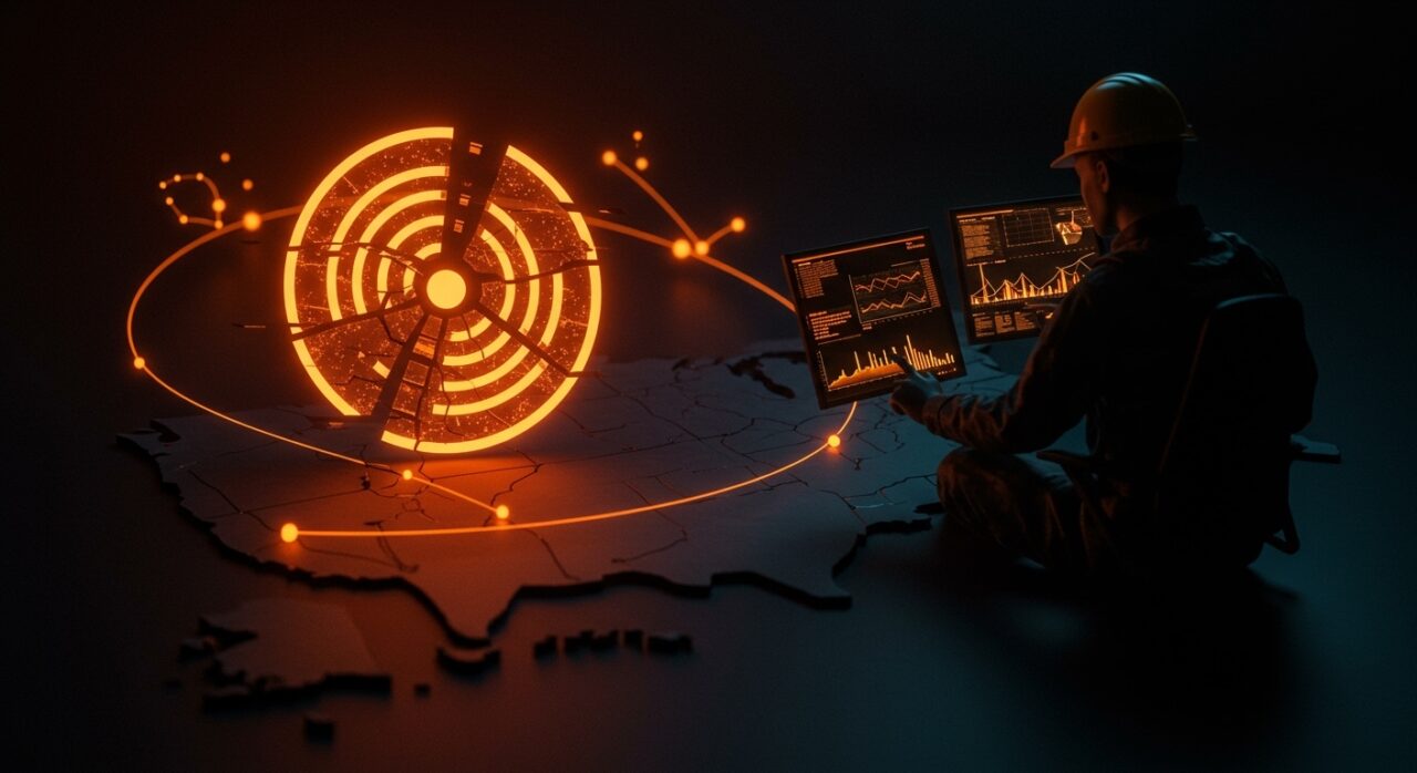 Fallos en el software militar de GPS de EE.UU. ilustrados con señal satelital fragmentada y competencia global en tecnología satelital.