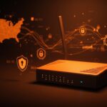 Router tecnológico resaltado con iconos de seguridad nacional y representación abstracta del impacto en el mercado tecnológico de Estados Unidos.