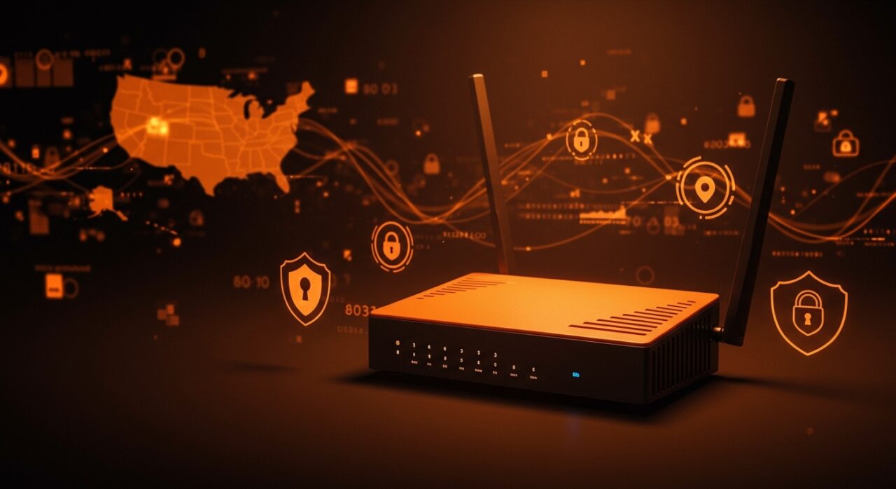 Router tecnológico resaltado con iconos de seguridad nacional y representación abstracta del impacto en el mercado tecnológico de Estados Unidos.