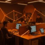 Emprendedores en coworking mostrando el efecto co-acción y diseño de espacios para potenciar productividad y concentración en startups.