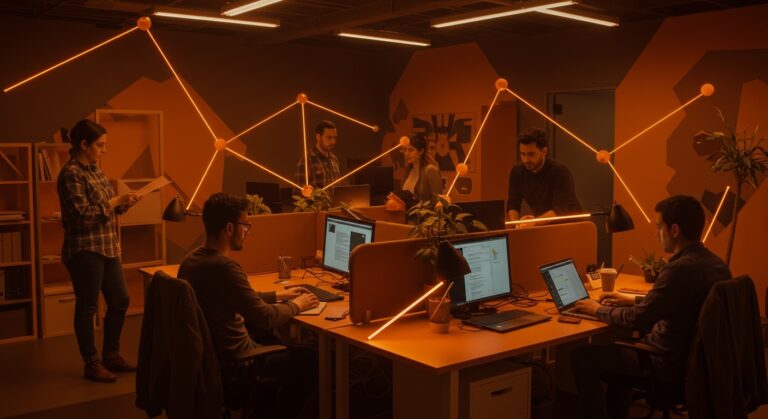 Emprendedores en coworking mostrando el efecto co-acción y diseño de espacios para potenciar productividad y concentración en startups.