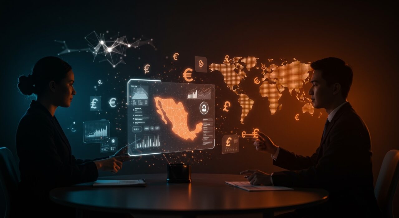 Plataforma fintech moderna representando integración de inteligencia artificial y pagos cross-border entre México y Estados Unidos tras ronda de funding de 8 millones.
