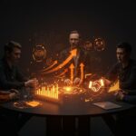 Acuerdo clave entre startups tecnológicas representado por fundadores colaborando con gráficos holográficos en tonos naranja y negro del ecosistema tech.