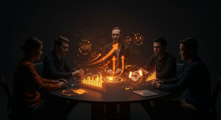 Acuerdo clave entre startups tecnológicas representado por fundadores colaborando con gráficos holográficos en tonos naranja y negro del ecosistema tech.