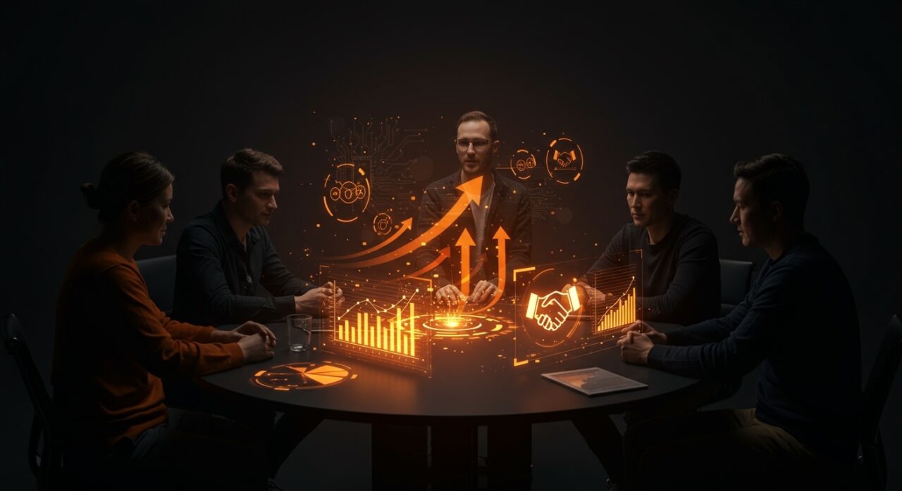 Acuerdo clave entre startups tecnológicas representado por fundadores colaborando con gráficos holográficos en tonos naranja y negro del ecosistema tech.