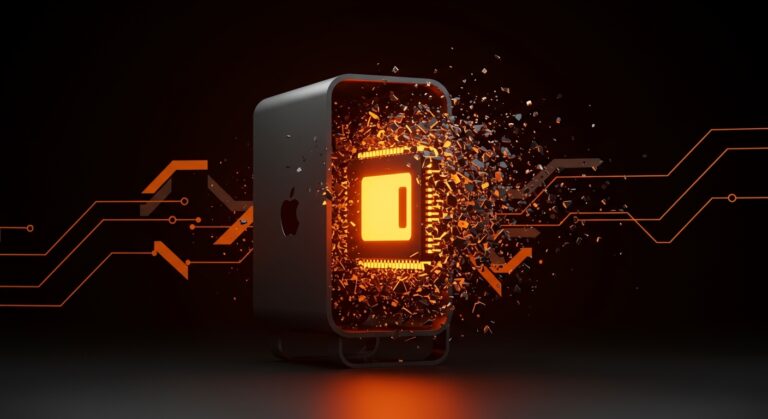 Apple Silicon destacando mientras una silueta del Mac Pro se disuelve, representando la evolución del hardware profesional y la apuesta tecnológica de Apple.