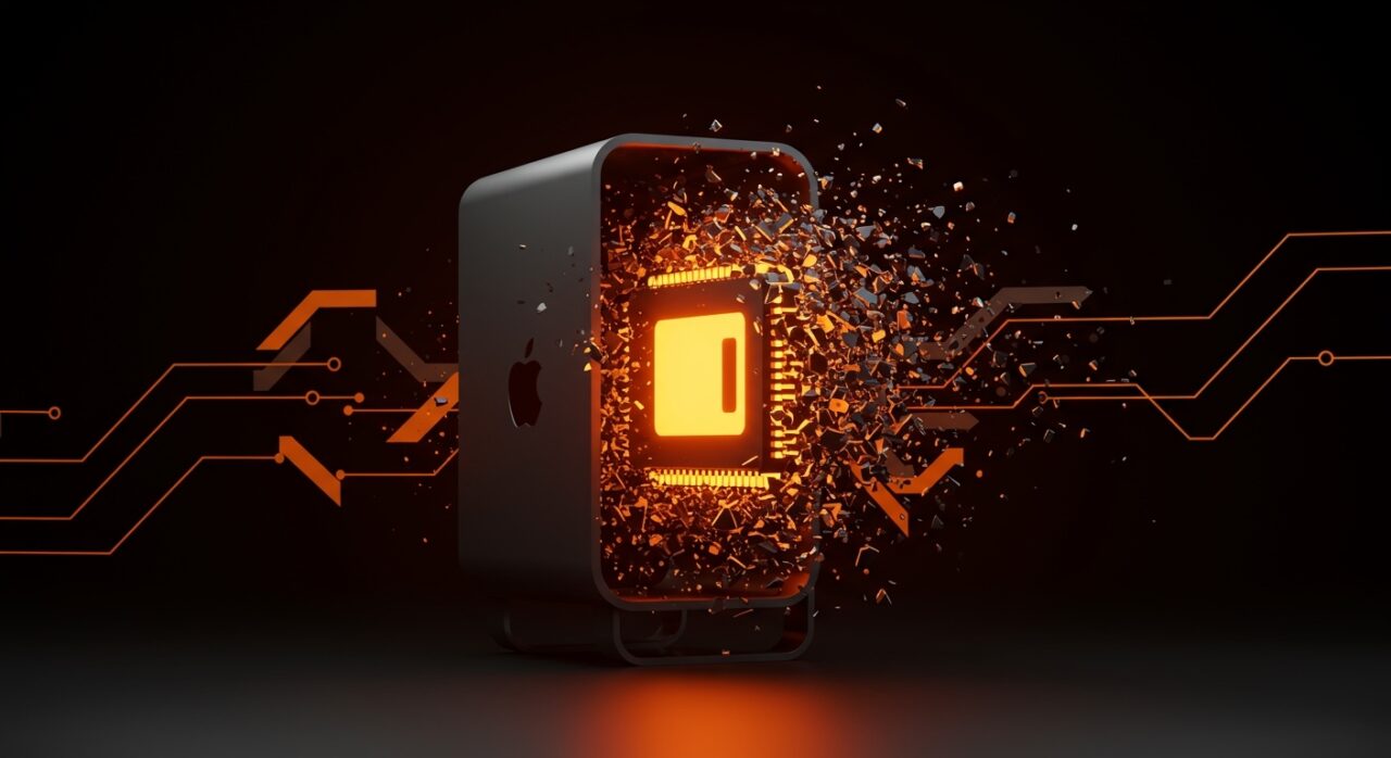 Apple Silicon destacando mientras una silueta del Mac Pro se disuelve, representando la evolución del hardware profesional y la apuesta tecnológica de Apple.