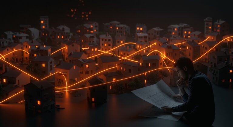 Casas irregulares en Madrid con figura analizando planes urbanos, representando desafíos en vivienda y regulación urbana.