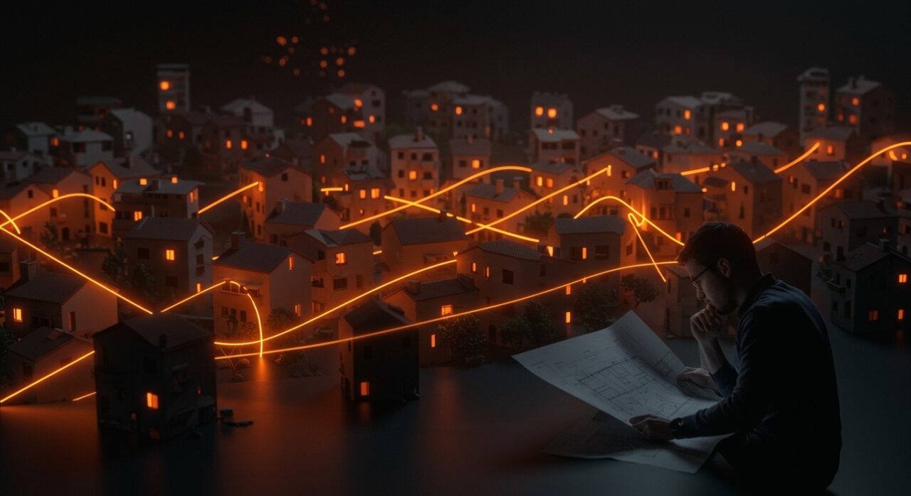 Casas irregulares en Madrid con figura analizando planes urbanos, representando desafíos en vivienda y regulación urbana.