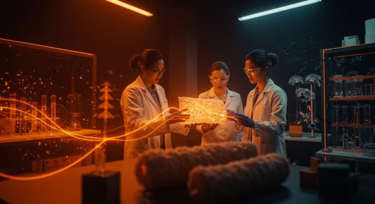 Equipo de startup Elea & Lili desarrollando celulosa biodegradable superabsorbente para reemplazar plásticos, destacando innovación y sostenibilidad.