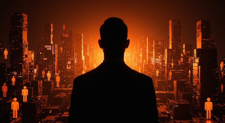 Ilustración conceptual de elite overproduction y movilidad social en LATAM con líder emergente y estructuras digitales en colores naranja y negro enfocado en el ecosistema startup.