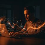 Desarrollador programando en Elixir con visualizaciones de redes neuronales y código funcional para automatización y generación de código con IA.