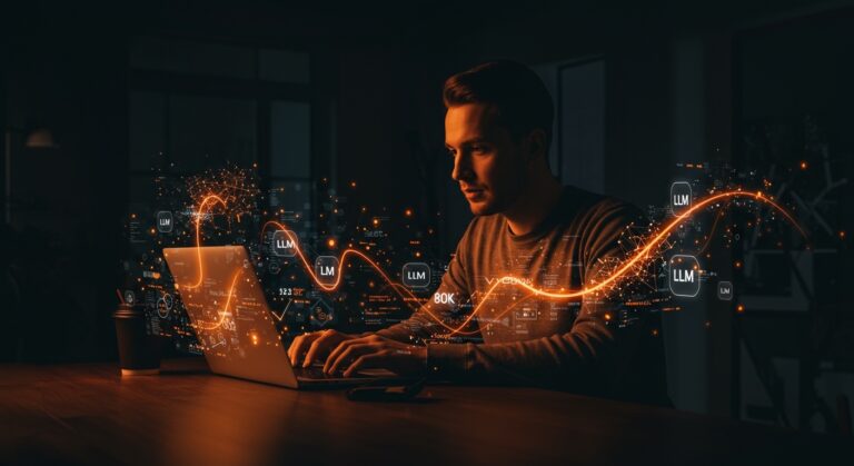 Desarrollador programando en Elixir con visualizaciones de redes neuronales y código funcional para automatización y generación de código con IA.