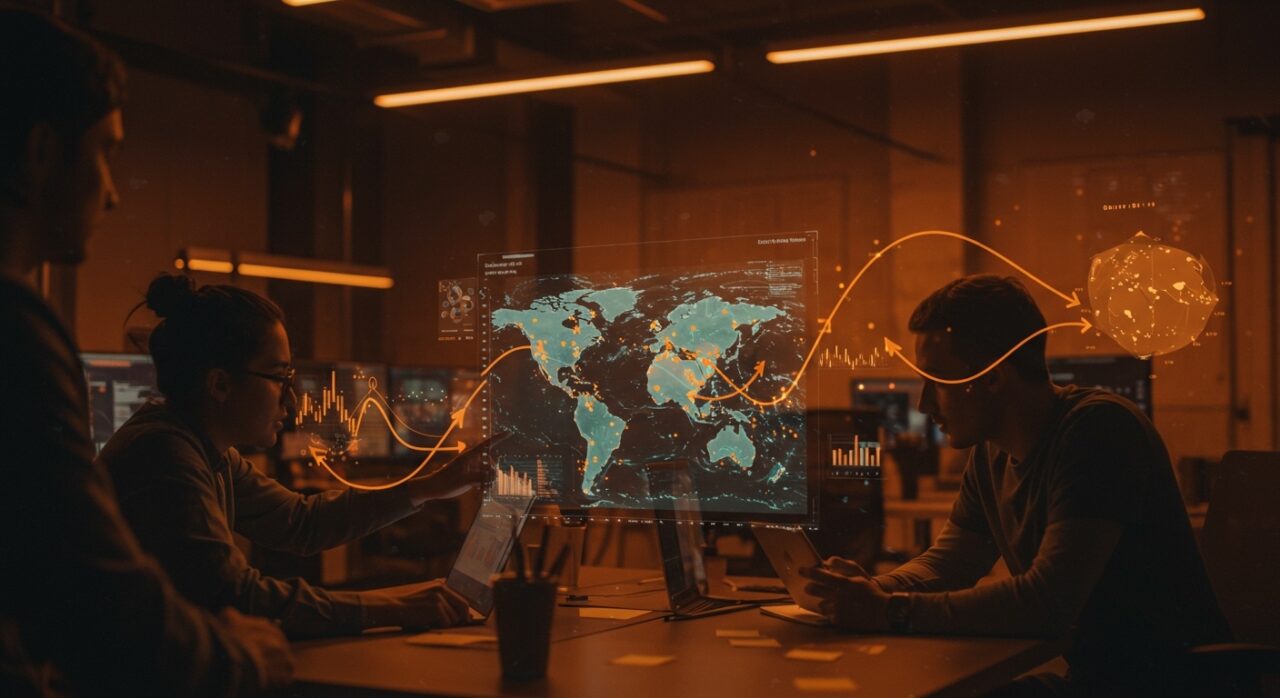 Equipo de startups analizando el fenómeno climático El Niño 2026 y su impacto económico global en un entorno tecnológico moderno.