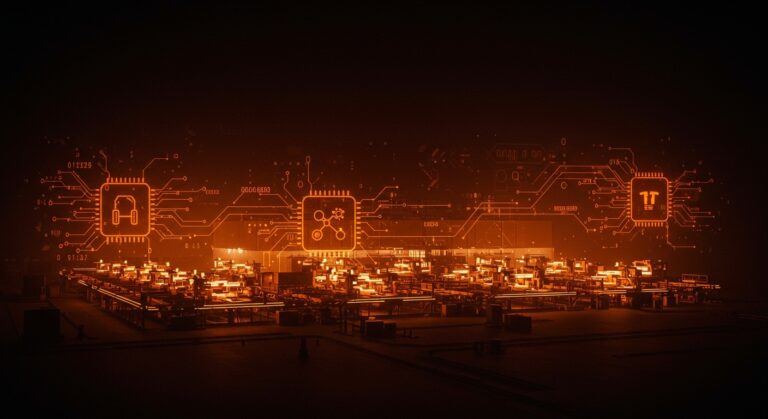 Planta Terafab en Austin fabricando chips de inteligencia artificial y hardware avanzado para Tesla y SpaceX, imagen editorial en tonos naranja y negro.