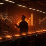 Instalación futurista de Terafab supervisada por Elon Musk produciendo chips de inteligencia artificial en gran escala, resaltando innovación tecnológica en fabricación de chips IA.