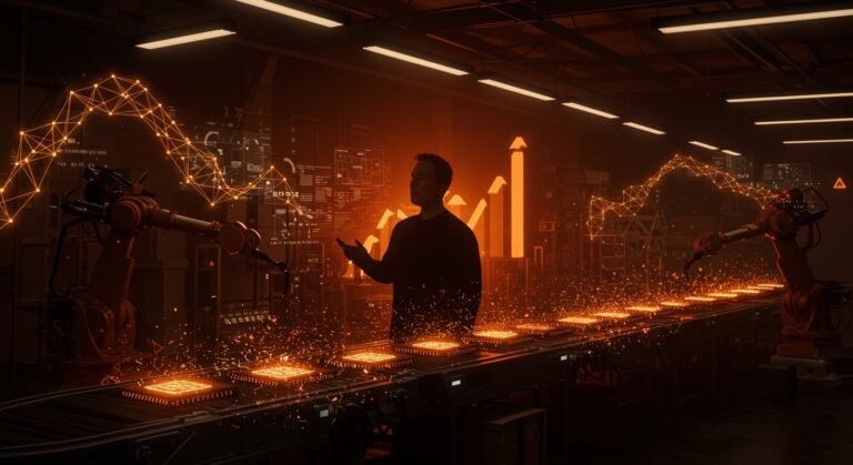 Instalación futurista de Terafab supervisada por Elon Musk produciendo chips de inteligencia artificial en gran escala, resaltando innovación tecnológica en fabricación de chips IA.