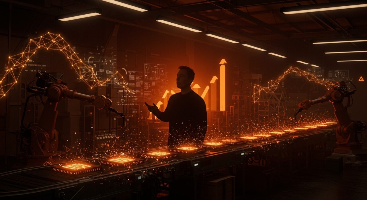Instalación futurista de Terafab supervisada por Elon Musk produciendo chips de inteligencia artificial en gran escala, resaltando innovación tecnológica en fabricación de chips IA.