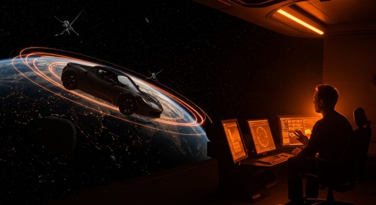 Tesla Roadster en órbita espacial destacando innovación tecnológica y liderazgo de Elon Musk en startups y tecnología espacial.