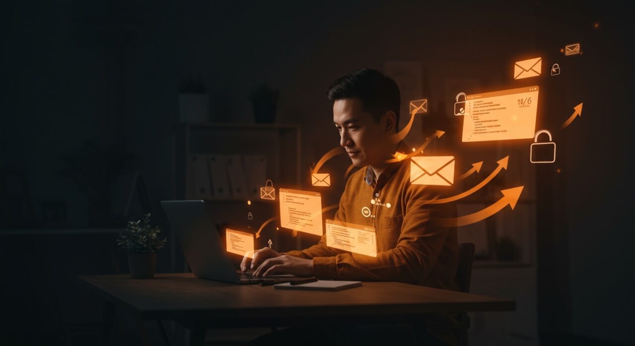 Desarrollador de startup trabajando en emails responsivos seguros con automatización usando Markdown y HTML.