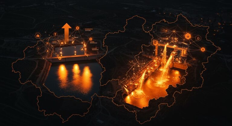 Embalses del Tajo Entrepeñas y Buendía con reflejos naranja sobre agua, resaltando recursos hídricos y oportunidades tecnológicas para startups en gestión hídrica.