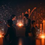 Emprendedores tecnológicos colaborando con interfaces holográficas en un entorno moderno, ilustrando la democratización tecnológica y los retos de validar el product-market fit en startups de LATAM.