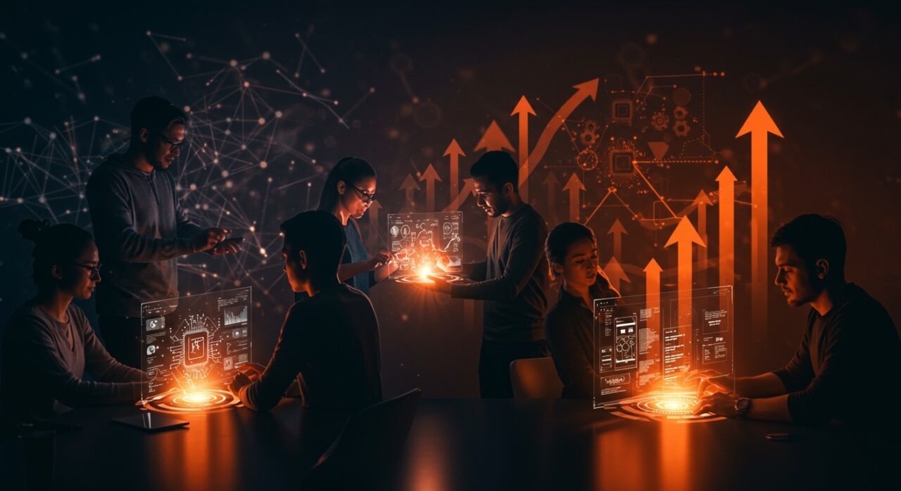 Emprendedores tecnológicos colaborando con interfaces holográficas en un entorno moderno, ilustrando la democratización tecnológica y los retos de validar el product-market fit en startups de LATAM.