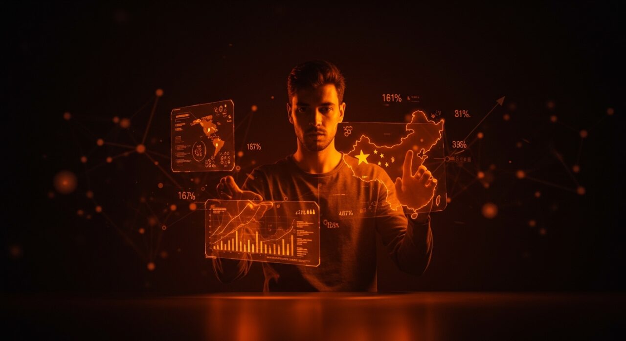 Empresario unipersonal con interfaces digitales que simbolizan la innovación y tendencias de empresas unipersonales entre China y Latinoamérica.