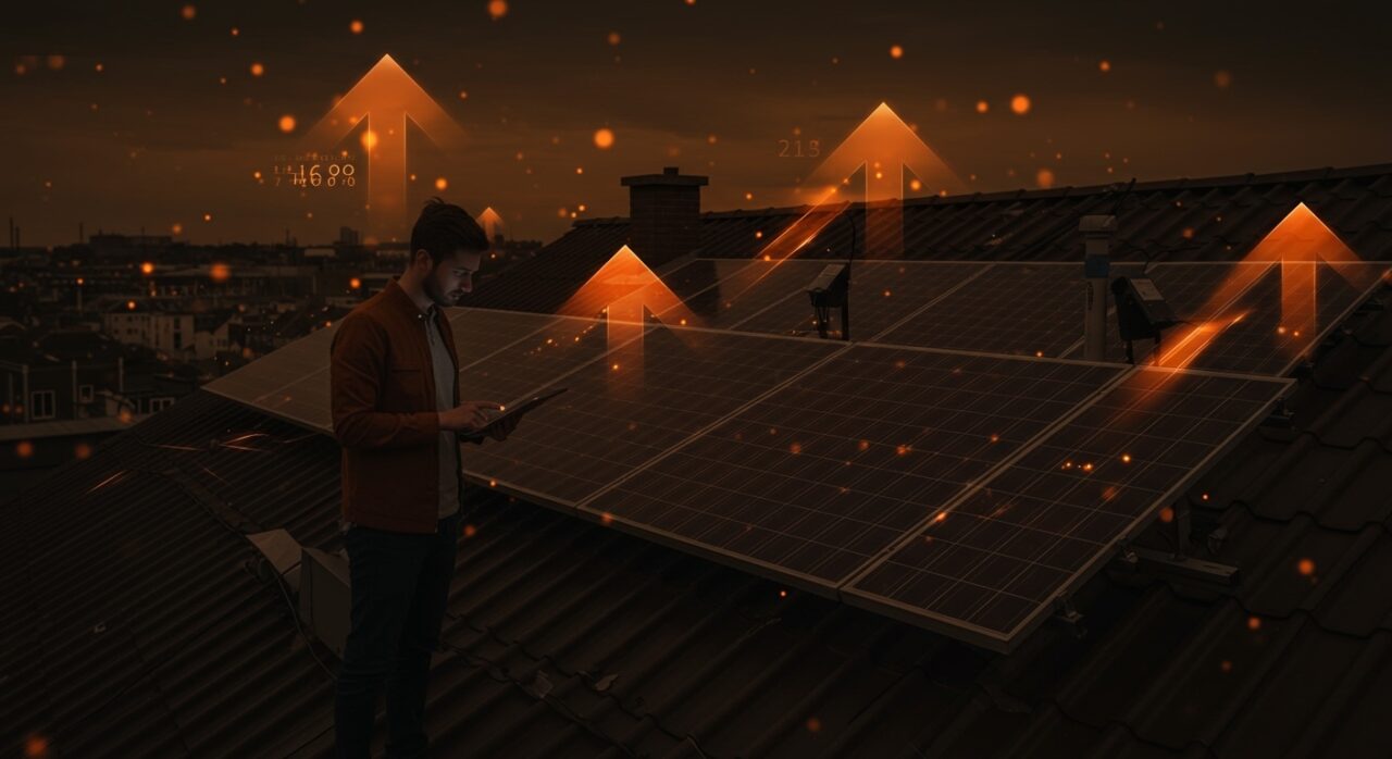 Founder inspeccionando mini granjas solares en Europa, representando la independencia energética y la energía solar sostenible.