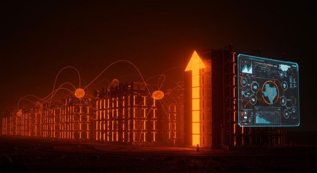 Instalación avanzada de almacenamiento de energía de Energy Vault en Texas impulsada por IA, mostrando innovación en infraestructura energética.
