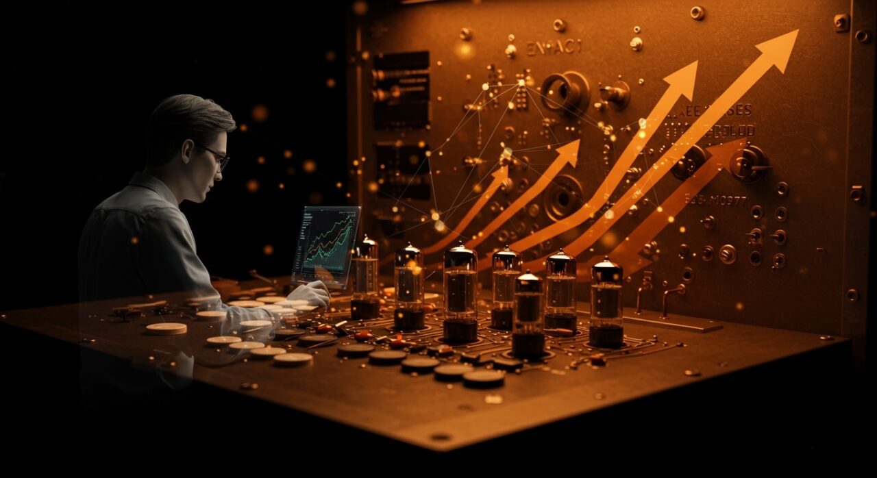 Panel del computador ENIAC iluminado en paleta naranja y negro, simbolizando la innovación tecnológica y su legado para fundadores de startups digitales.