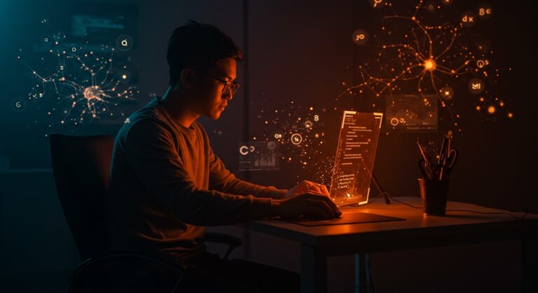 Developer usando inteligencia artificial para aprendizaje asistido en entrevistas técnicas y algoritmos.