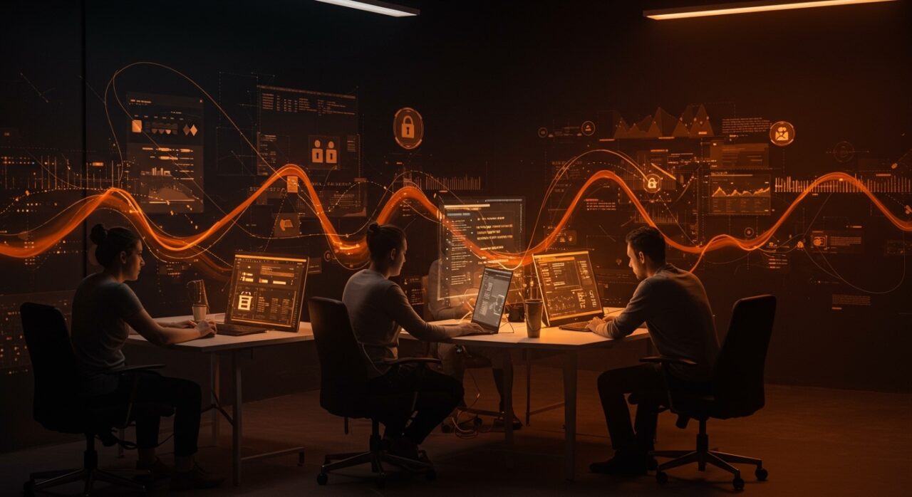 Gestión segura de variables de entorno en startups SaaS con alternativas modernas a archivos .env, representando colaboración y escalabilidad tecnológica.