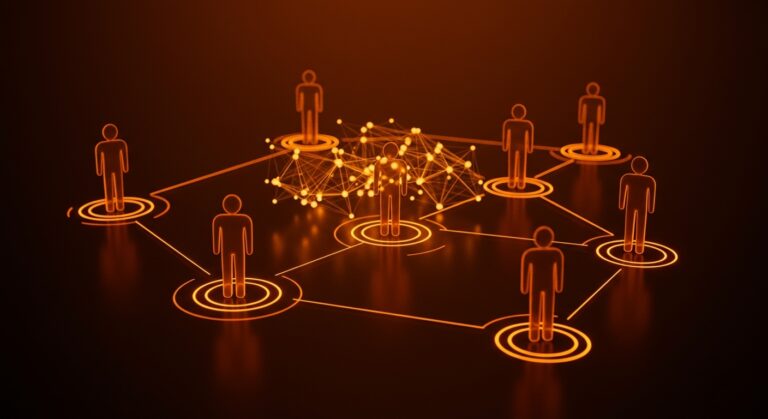 Representación visual de equipos de modelos de lenguaje trabajando como sistemas distribuidos en inteligencia artificial colaborativa.