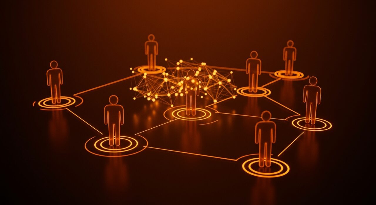 Representación visual de equipos de modelos de lenguaje trabajando como sistemas distribuidos en inteligencia artificial colaborativa.