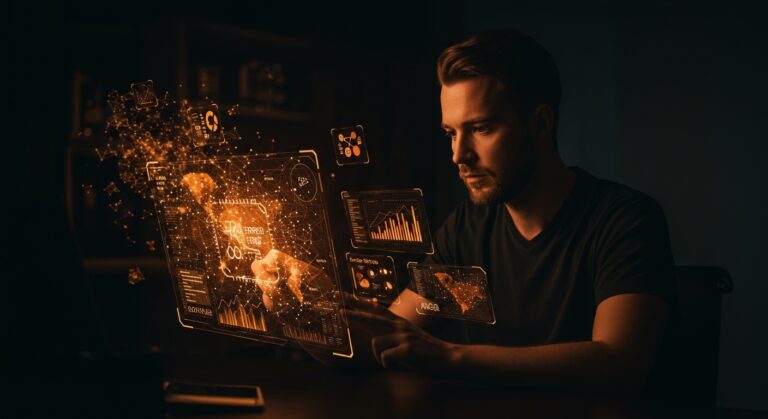 Fundador tecnológico diagnosticando errores de IA y mejorando prompts con herramientas avanzadas en un entorno digital futurista.