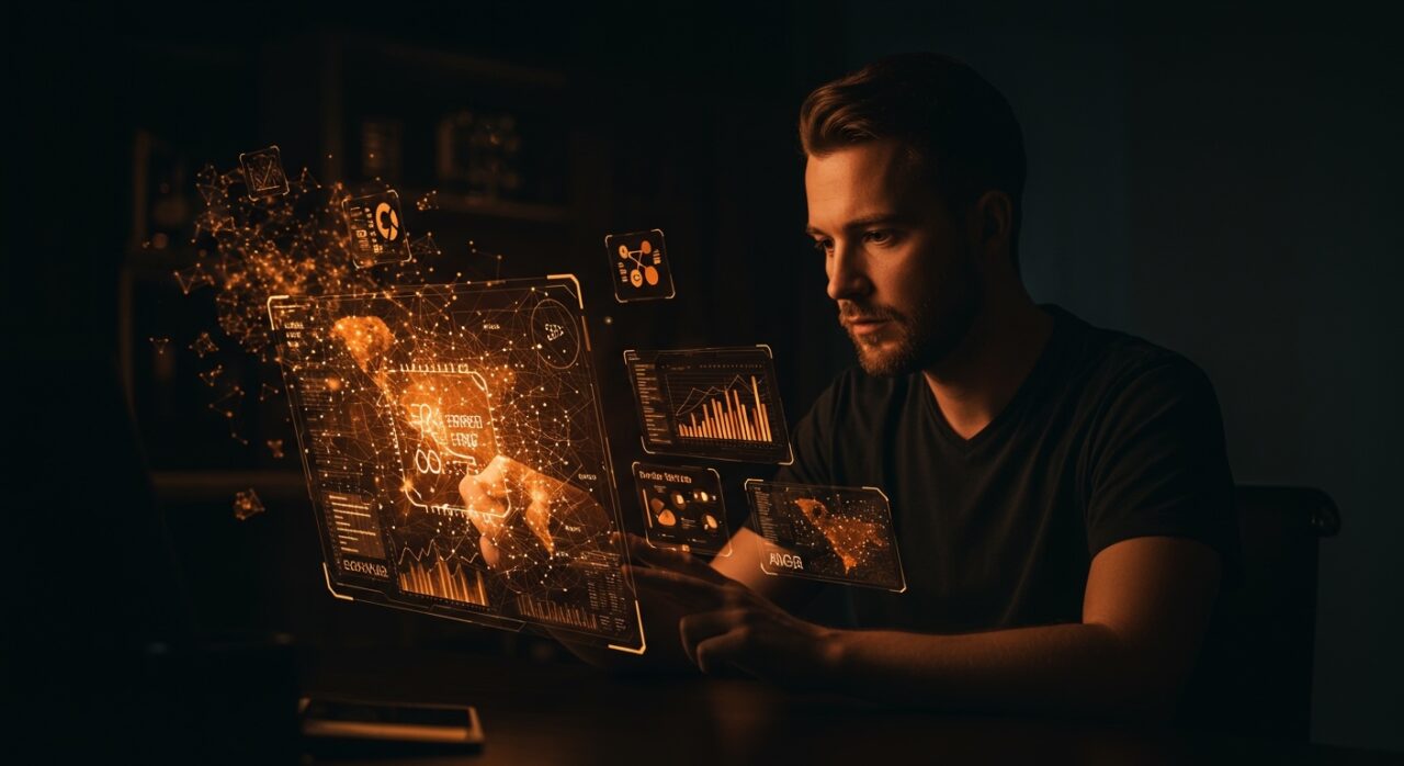 Fundador tecnológico diagnosticando errores de IA y mejorando prompts con herramientas avanzadas en un entorno digital futurista.