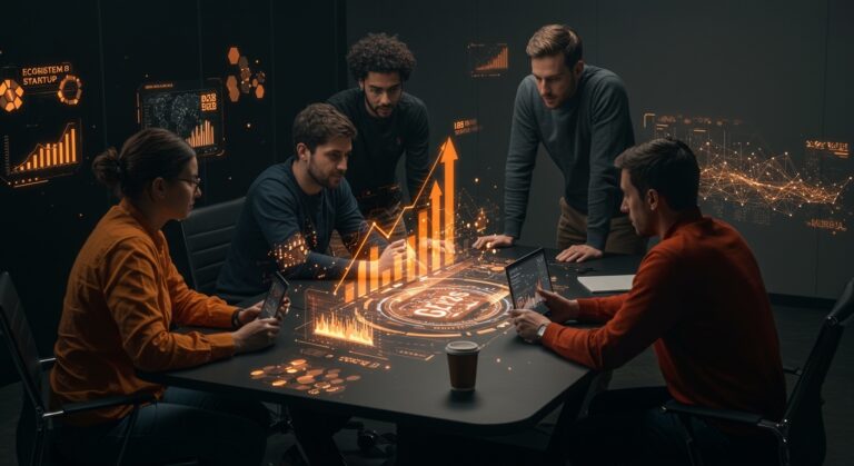 Startups tecnológicas colaborando en programa gratuito de escalado B2B con IA en Murcia, 2026.