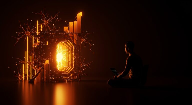 Fundador tecnológico visualizando el rediseño organizacional para escalar startups en hipercrecimiento bajo la influencia de inteligencia artificial.