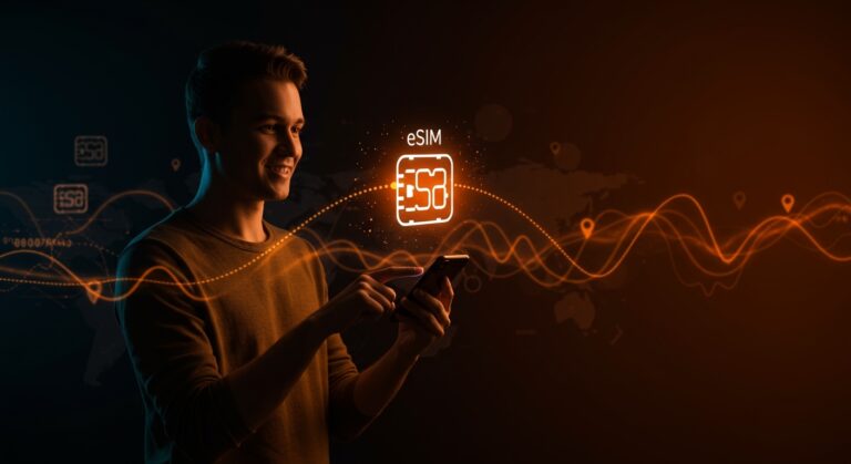 Tecnología eSIM para movilidad digital y datos ilimitados en viajes, representada con un viajero usando smartphone y redes de datos globales estilizadas en naranja y negro.