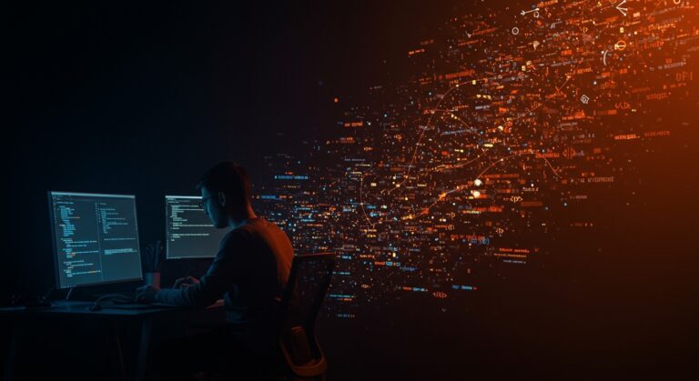 Programador trabajando con lenguajes esotéricos y modelos de IA generativa para benchmarking en entorno tecnológico startup.