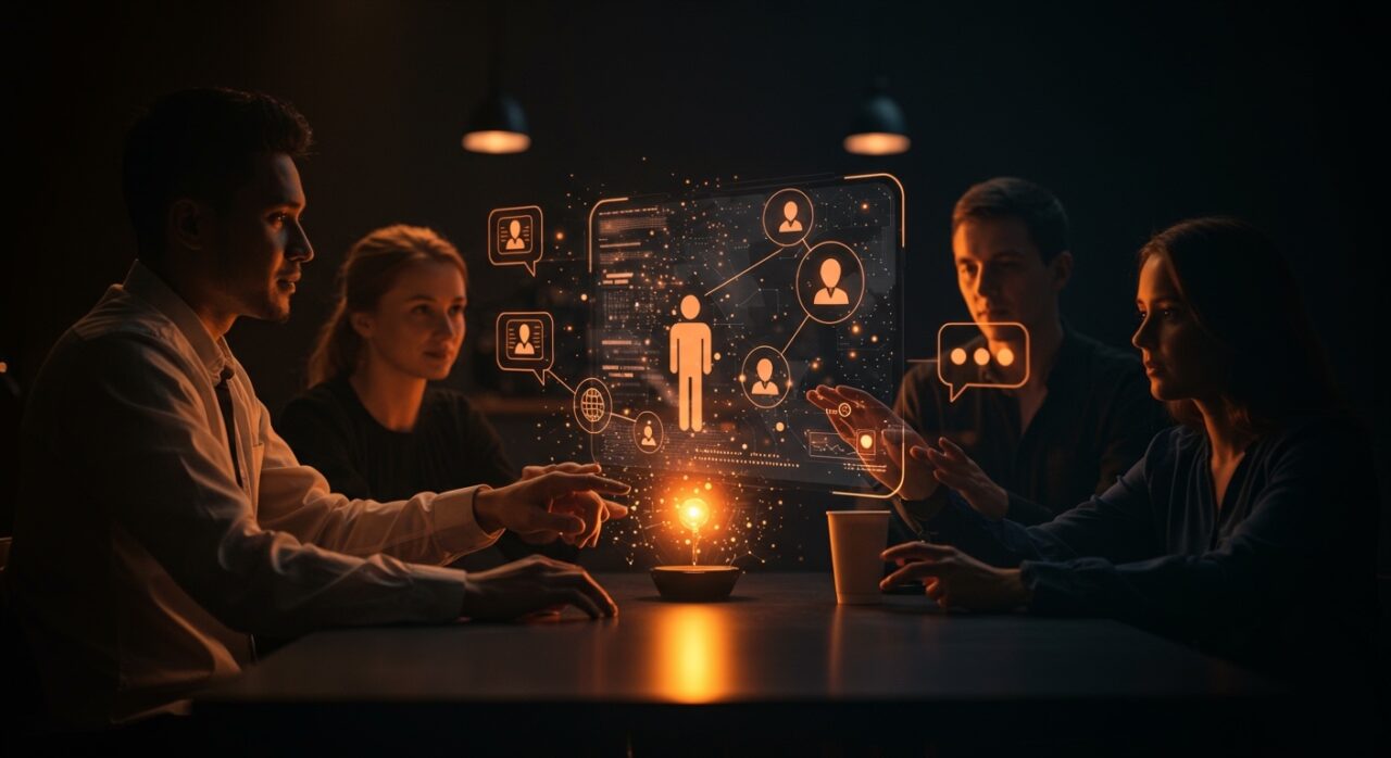 Líderes de comunidades técnicas colaborando en un espacio apolítico y productivo con enfoque en gestión comunitaria y civilidad digital.