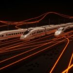 Competencia ferroviaria en España ilustrada con trenes de alta velocidad en vías de diferentes anchos, destacando el reto de la infraestructura y liberalización del mercado.