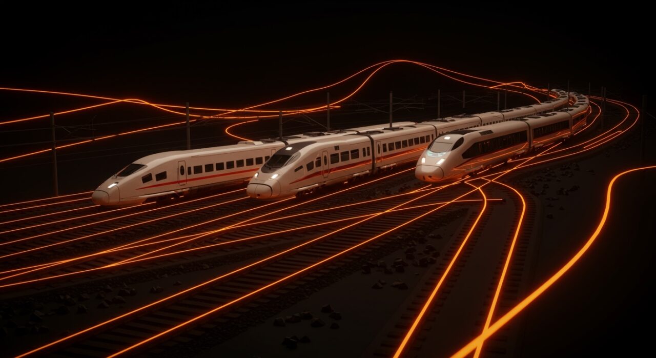 Competencia ferroviaria en España ilustrada con trenes de alta velocidad en vías de diferentes anchos, destacando el reto de la infraestructura y liberalización del mercado.